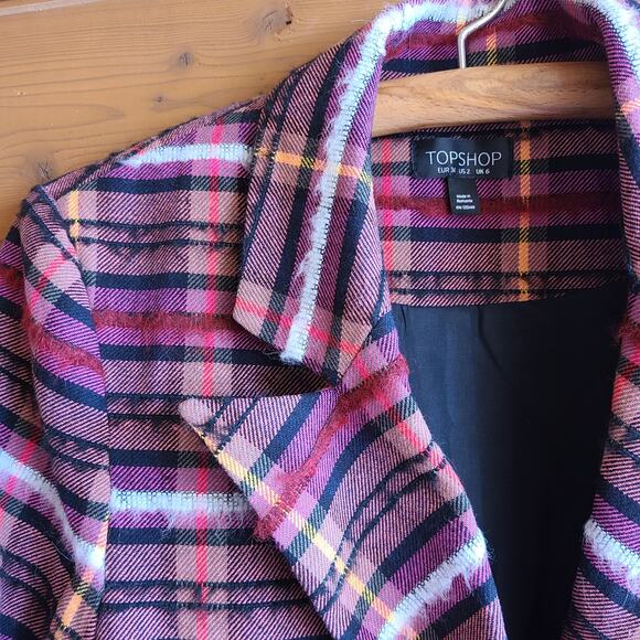 Topshop Madras Plaid Fringe Blazer Jacket Academia Pink Orange Fuzzy Preppy 2 - Picture 4 of 5